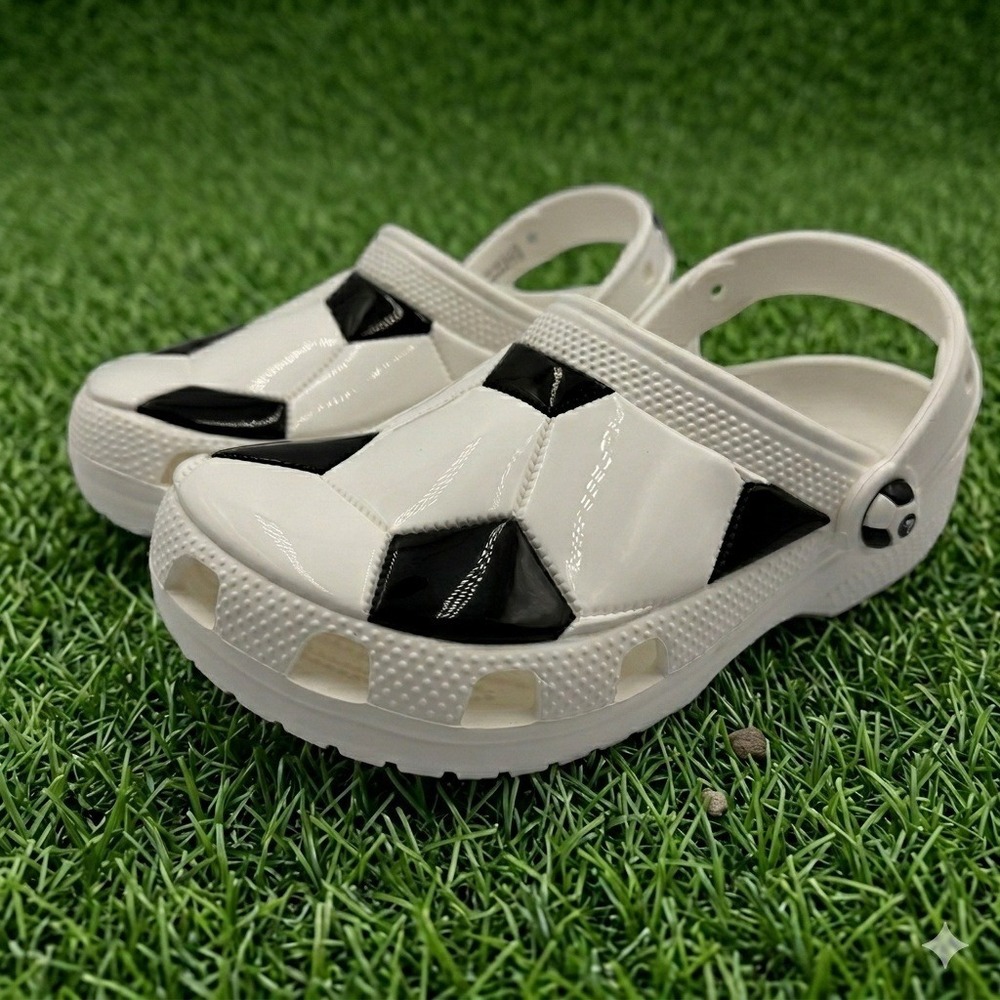 Crocs Classic Soccer Ball Clog Kids Size J6 White Black 210157-103 **NEW**